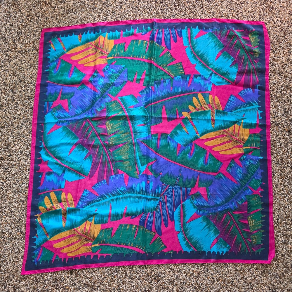 Liz Claiborne Vintage Tropical Palm Leaf Square Scarf Pink Teal Purple 30x31.5